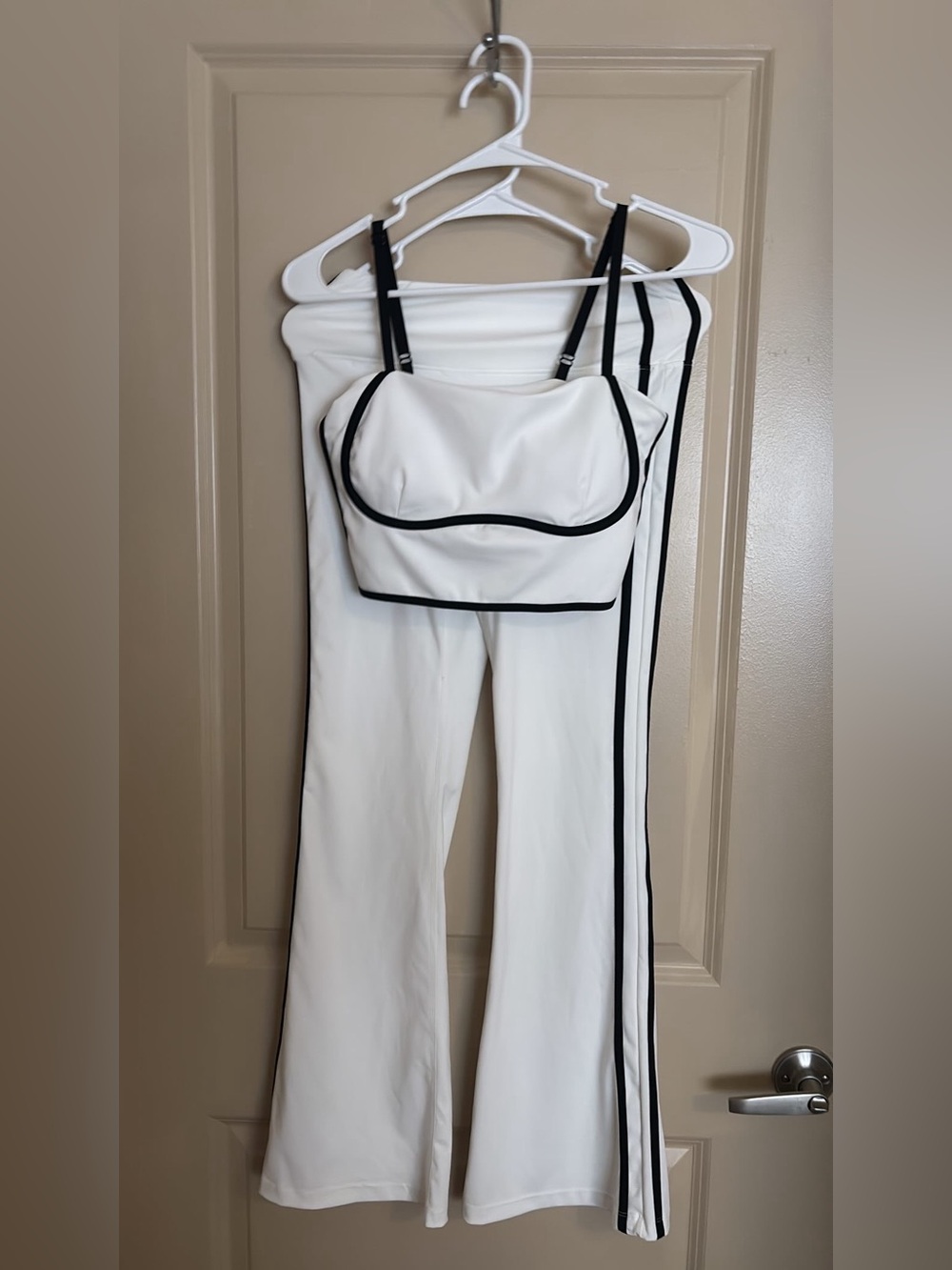 White Contrast-Trim Crop Top & Flared Pants Set